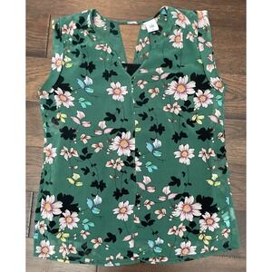 Cabi Women's Size M Green Floral Sleeveless Blouse‎ w/ Black Tank Underlay